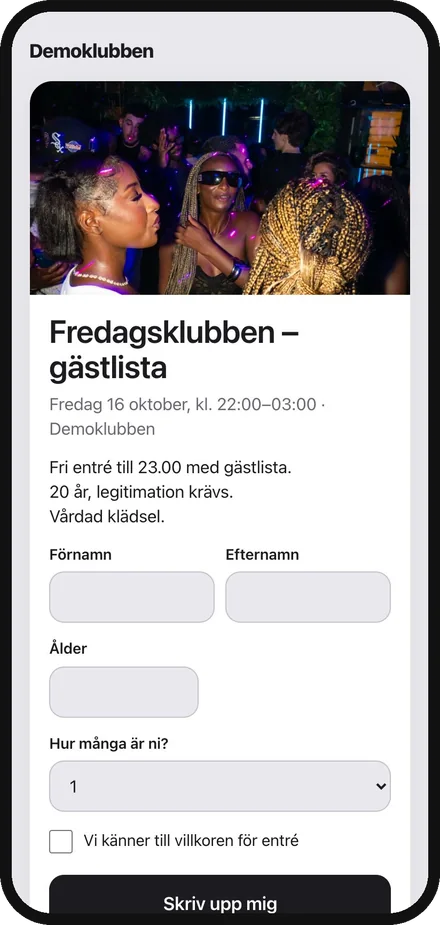 Gästens anmälan i mobilen. Demodata.