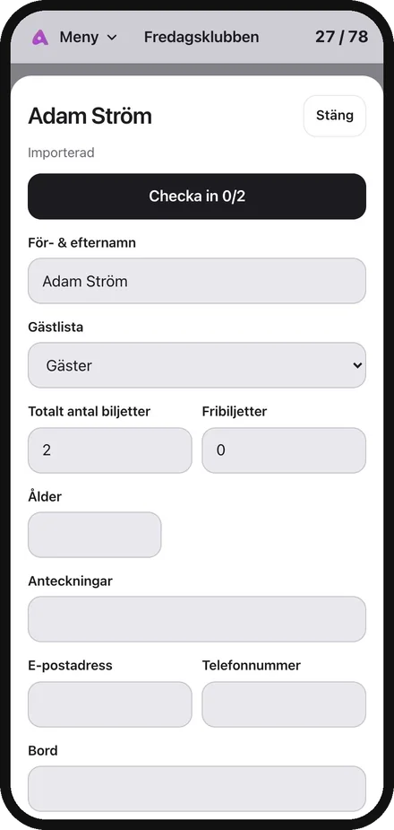 Gästkortet för dörrpersonalen. Demodata.