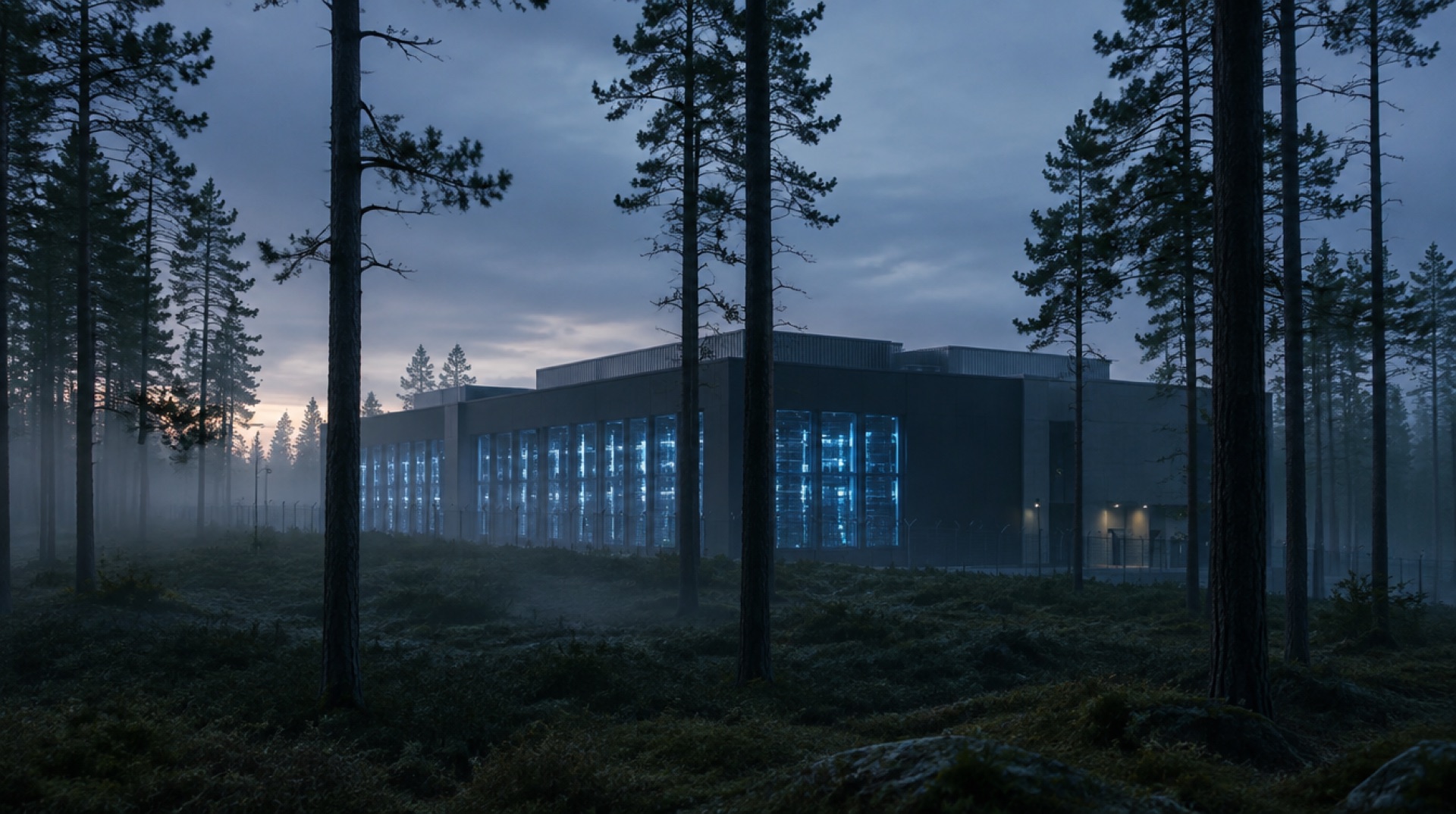 Datacenter i tallskog i skymningen