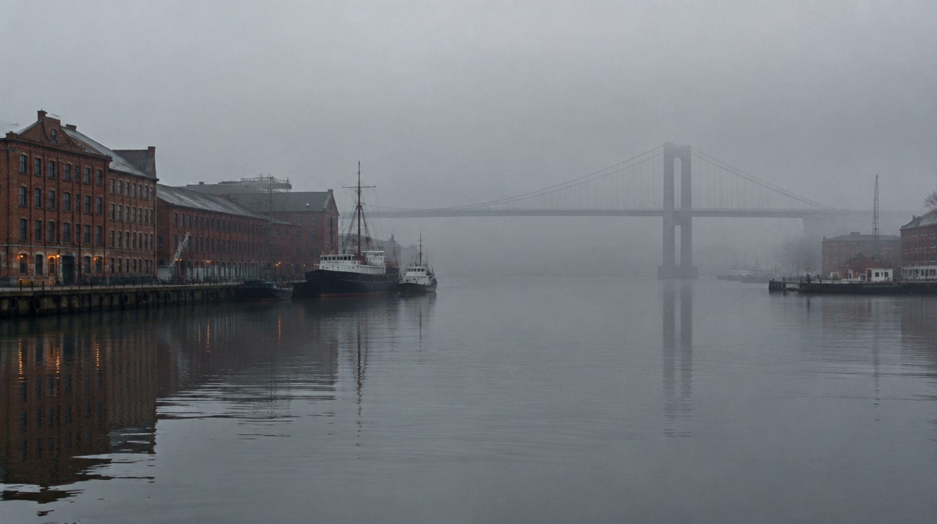 Göteborgs hamn i morgondimma